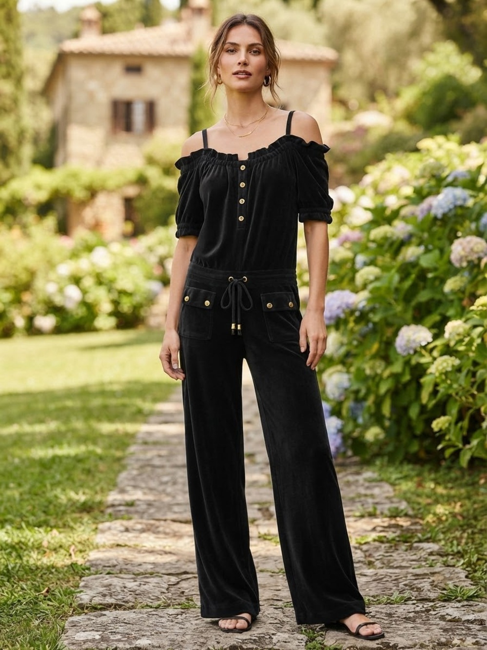 Juicy Couture Y2K navy Off-Shoulder Velour Jumpsuit L